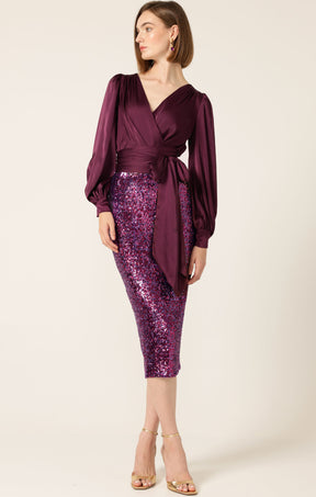 SATIN FAUX WRAP TOP IN CHERRY