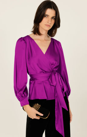 SATIN FAUX WRAP TOP IN MAGENTA