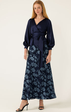 SATIN FAUX WRAP TOP IN NAVY