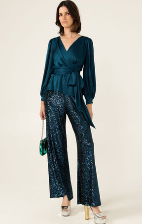 SATIN FAUX WRAP TOP IN PEACOCK