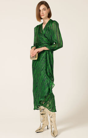 SAVOIR MIDI WRAP DRESS IN NAVY GREEN