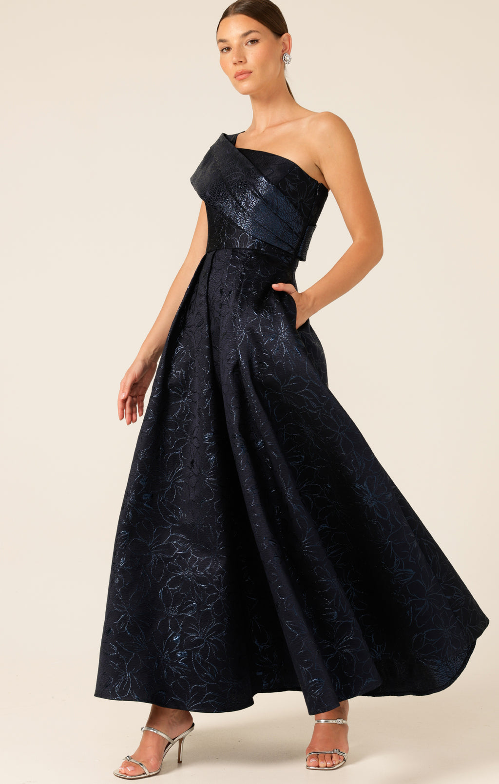 Twilight Jacquard Long Evening Gown | Pleated A-line Style Dress Twilight Jacquard Long Evening Gown | Pleated A-line Style Dress