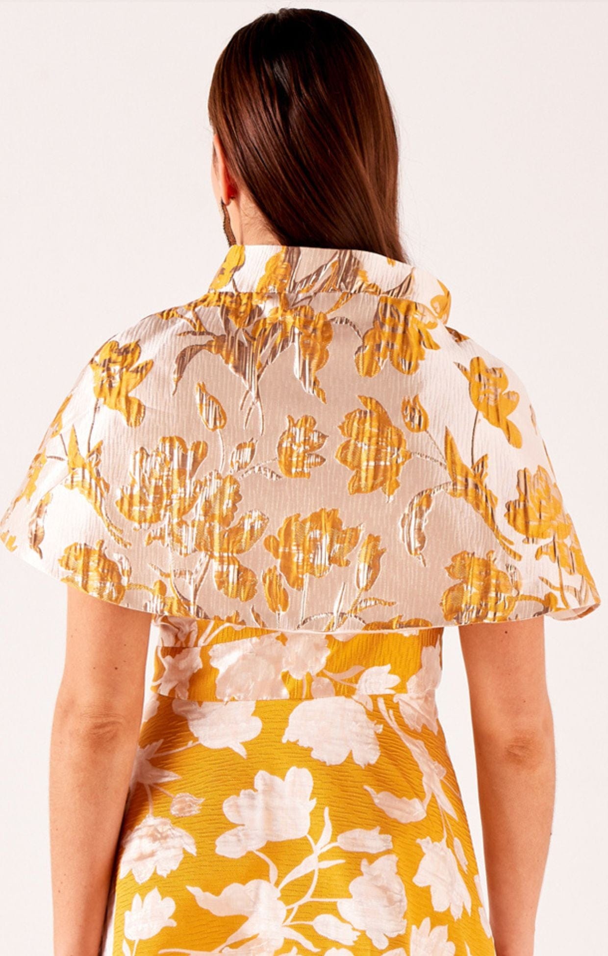 Tops Events SWEET MAGNOLIA CAPE IN MARIGOLD FLORAL JACQUARD