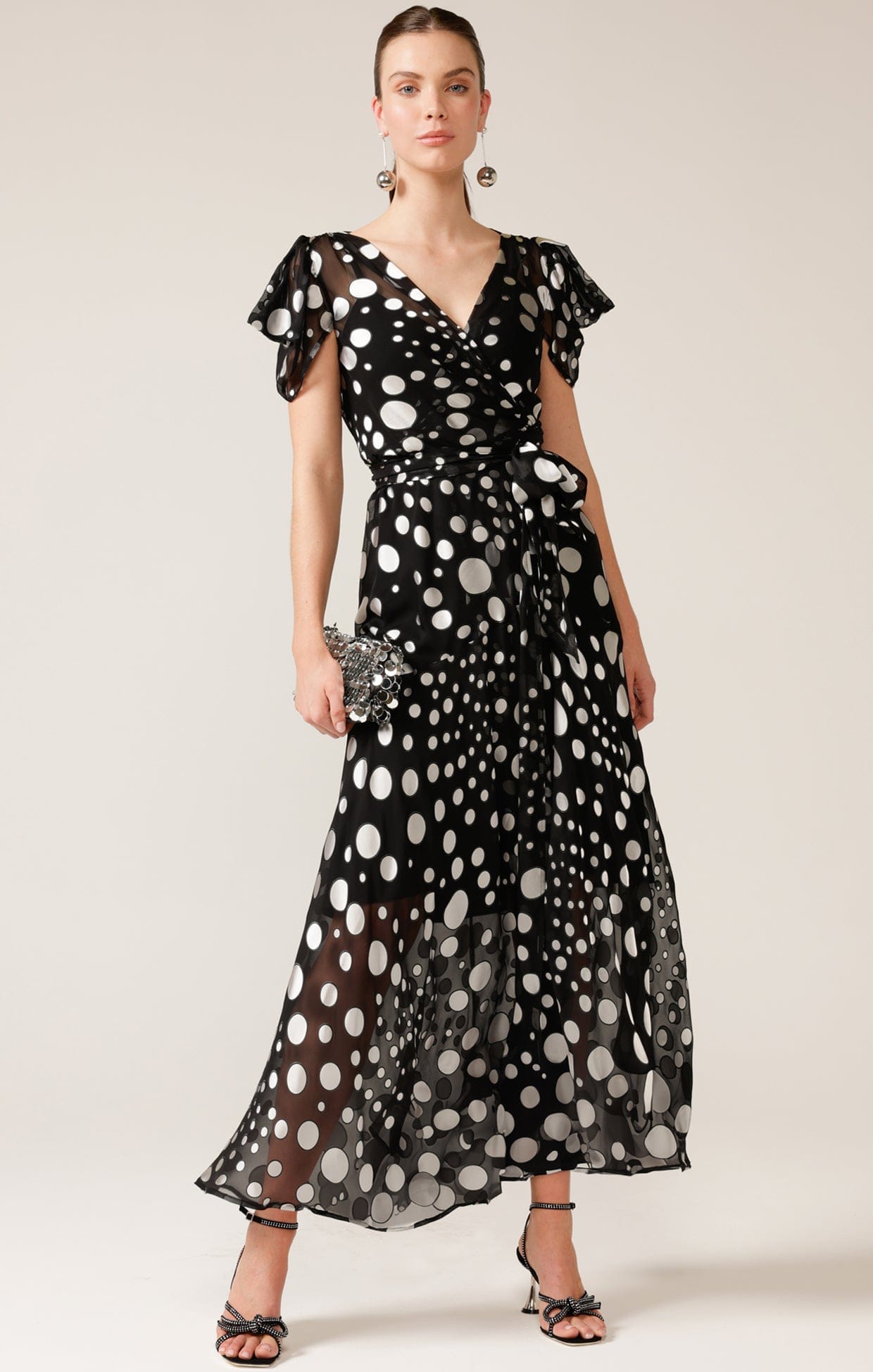 Dresses Events TWILIGHT SHIMMER MAXI WRAP IN BLACK SILVER SPOT