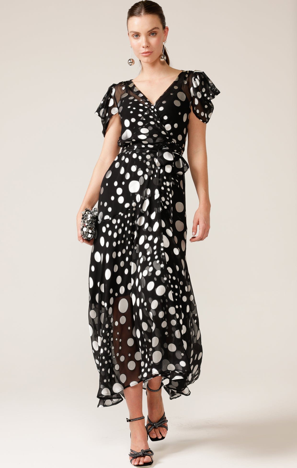 Dresses Events TWILIGHT SHIMMER MAXI WRAP IN BLACK SILVER SPOT