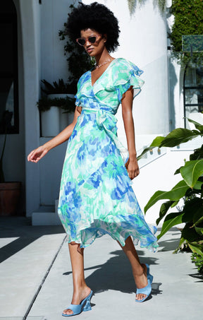 Events WINDFALL WRAP DRESS IN BLUE BLOSSOM