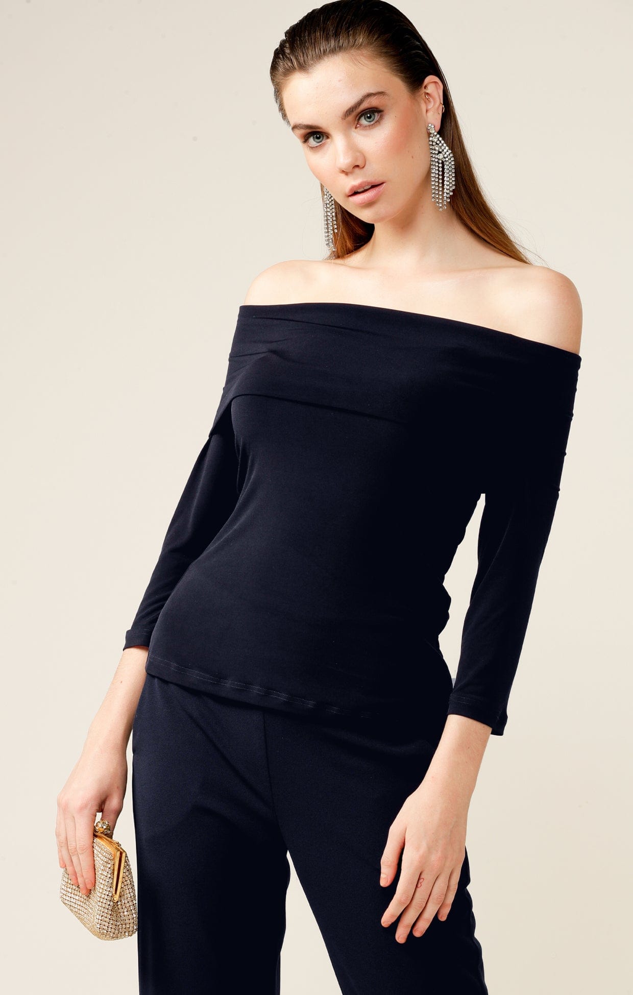 Tops Multi Occasion 3/4 SLEEVE COWL TOP IN NAVY