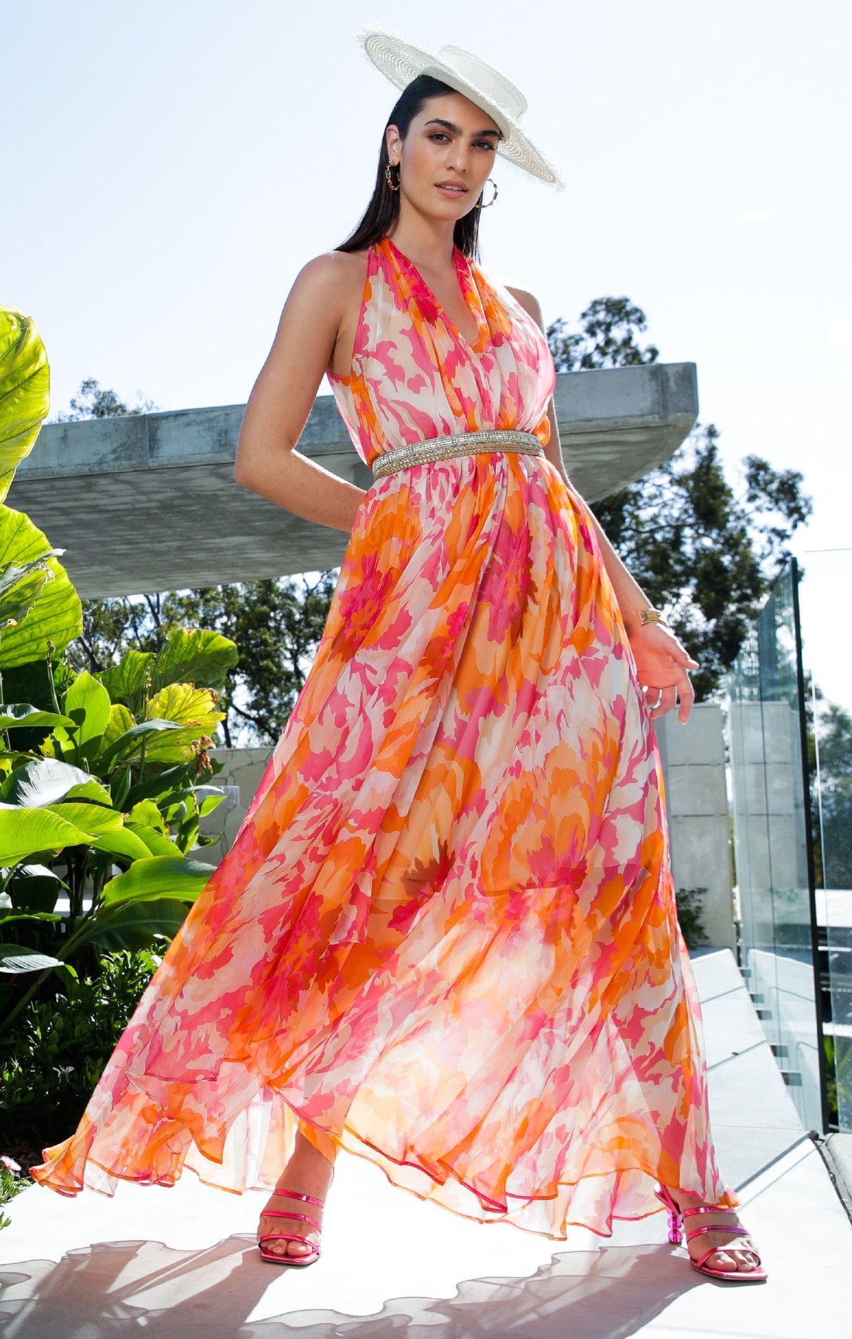 Dresses Events THE BILLIONAIRES WIFE MAXI IN PINK ORANGE FLOWER